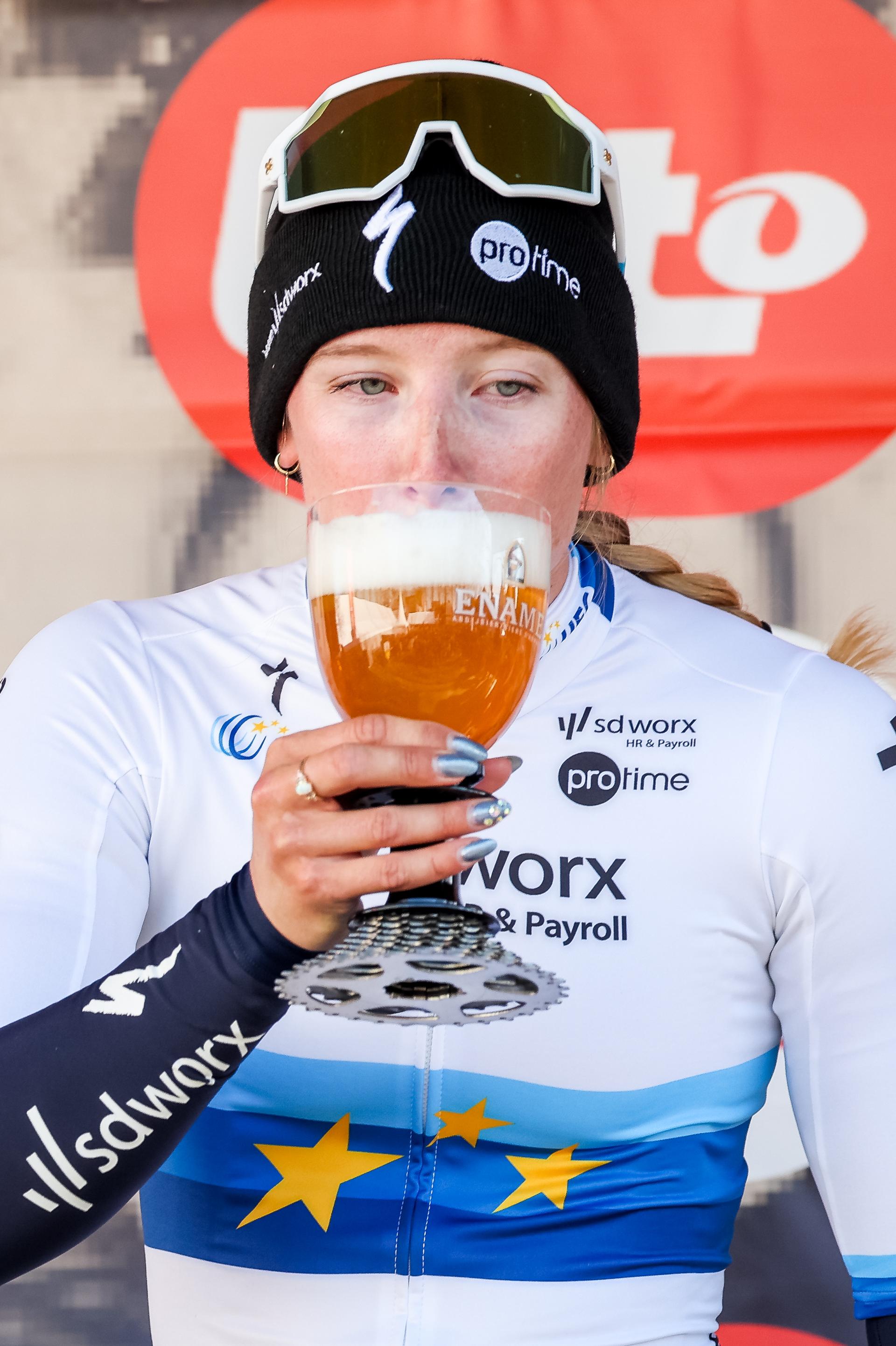 Dutch Lorena Wiebes of SD Worx-Protime celebrates on the podium after winning the 'Samyn des Dames' one day cycling race, 122km from Quaregnon to Dour on Tuesday 04 March 2025. BELGA PHOTO VIRGINIE LEFOUR