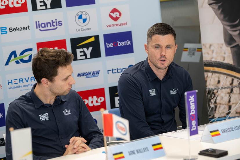 Director Topsport at Belgian Cycling Arne Wallays (L) and Belgian head coach Angelo De Clercq (R) are pictured during a press conference to present the Belgian selection for the UCI World Championships Cyclocross, Monday 12 January 2026 in Tubize. The 2026 Worlds are taking place in Hulst, the Netherlands on 30-31 January and 1 February. BELGA PHOTO JONAS ROOSENS