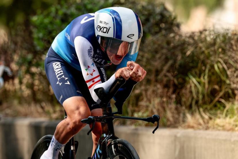 Israel-Premier Tech's Canadian rider Derek Gee competes during the second stage of the 108th Giro d'Italia cycling race, a 13.7km individual time-trial from Tirana to Tirana in Albania, on May 10, 2025.  Luca Bettini / AFP