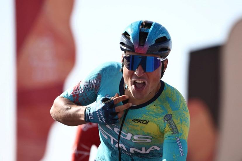 XDS Astana Team Italian Matteo Malucelli celebrates as he crosses the finish ligne to winn the fourth stage of the AlUla Tour cycling race, 173,4 km from Winter Park to Hegra on January 30, 2026.  Anne-Christine POUJOULAT / AFP