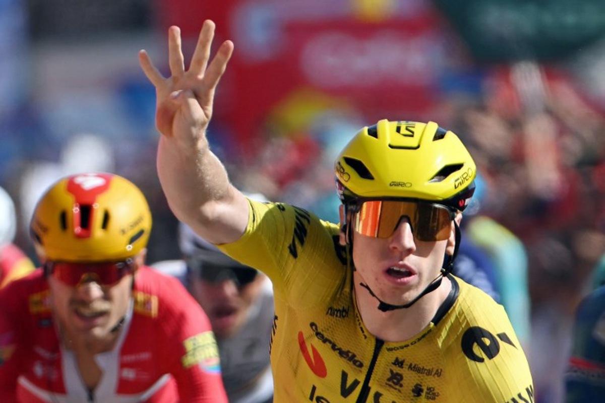 Team Visma-Lease a bike's British rider Matthew Brennan celebrates winning the 16th stage of the Vuelta a Espana 2026 cycling tour, a 181,1 km race between Cortegana and the Monastery of Santa Maria de la Rabida in Palos de la Frontera, on September 8, 2026.   JORGE GUERRERO / AFP
