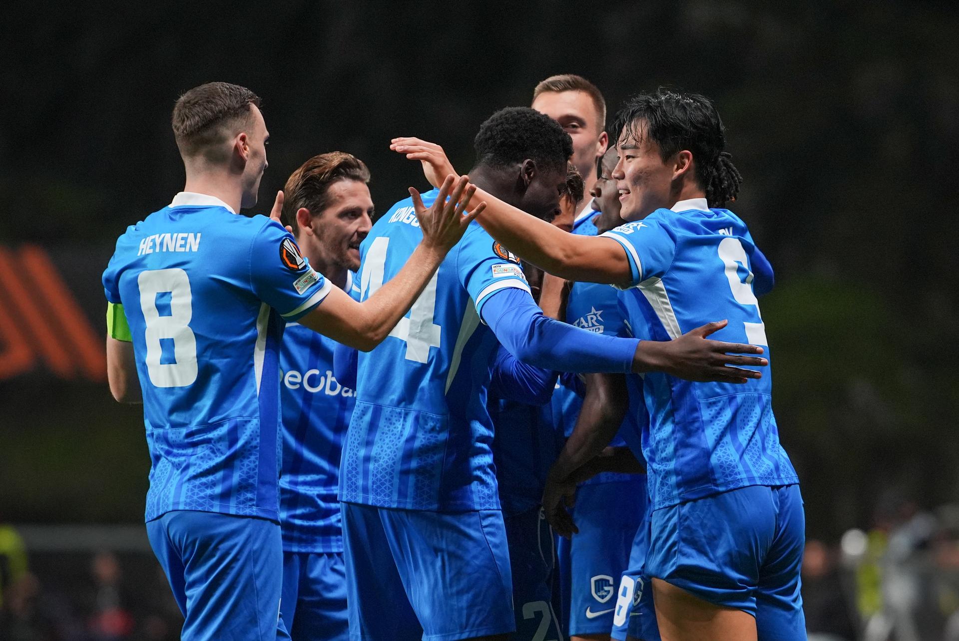 Genk's Yira Sor celebrates after scoring during a soccer game between Portuguese soccer team SC Braga and Belgian club KRC Genk, on Thursday 06 November 2025, in Braga, fourth game (out of 8) in the league phase of the UEFA Europa League competition. BELGA PHOTO JOMA GISBERT
