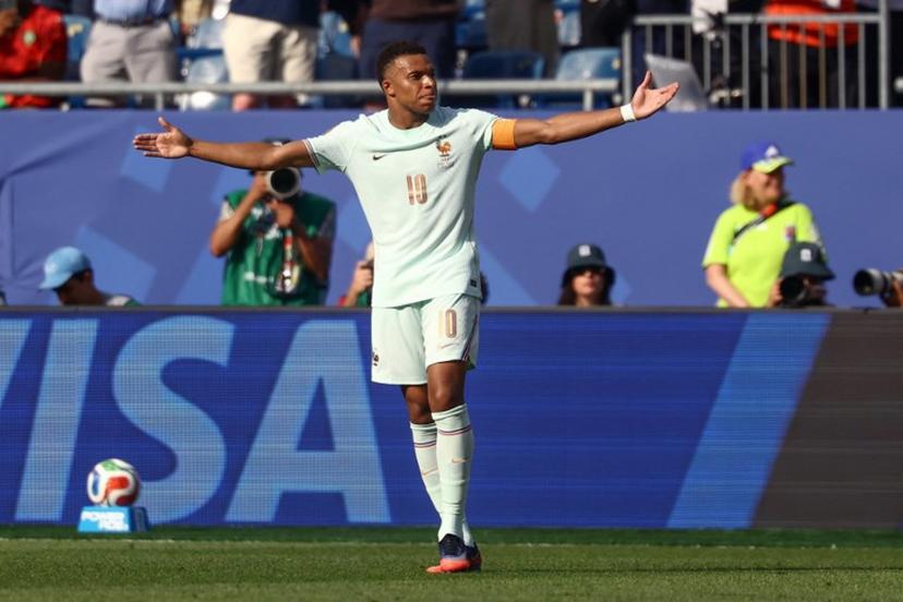 France's forward #10 Kylian Mbappe celebrates scoring his team's first goal during the 2026 World Cup football tournament quarter-final match between France and Morocco at Boston Stadium in Foxborough on July 9, 2026.   CHARLY TRIBALLEAU / AFP