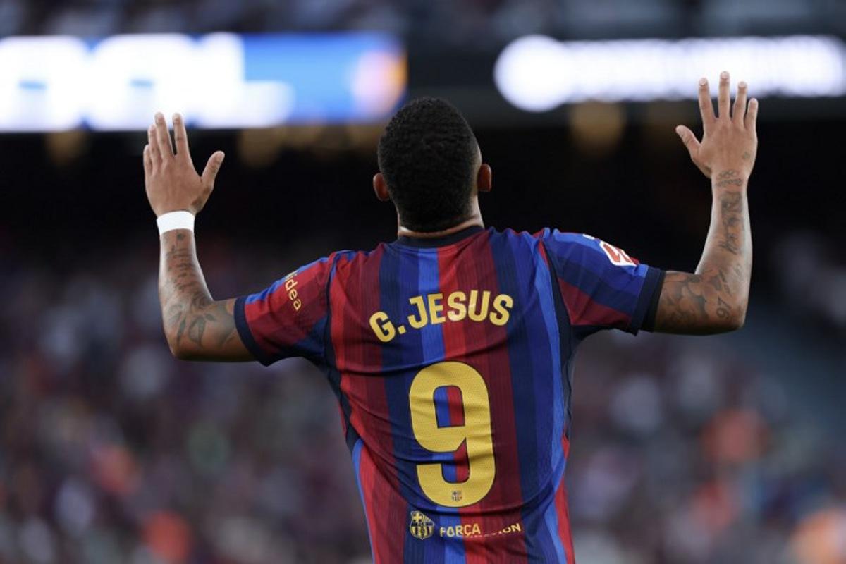 Barcelona's Brazilian forward #09 Gabriel Jesus celebrates scoring his team's second goal during the Spanish league football match between FC Barcelona and Getafe CF at Camp Nou Stadium in Barcelona on October 10, 2026.  Lluis GENE / AFP