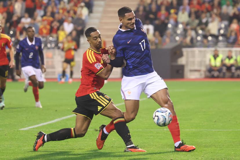 Belgium's Youri Tielemans and France's Maxence Lacroix fight for the ball during a soccer game between Belgian national team Red Devils and France, on Monday 28 September 2026  in Brussels, the second game of the UEFA Nations League group stage. BELGA PHOTO VIRGINIE LEFOUR