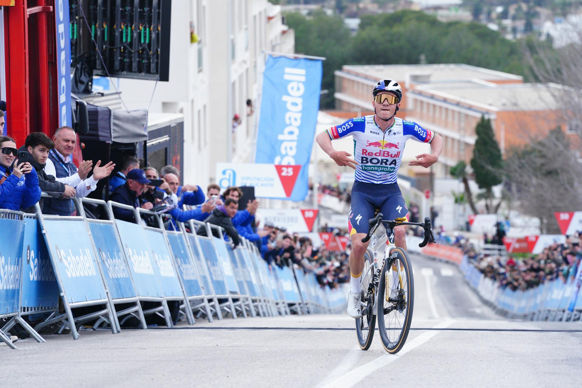 Belgian Remco Evenepoel celebrates as he crosses the finish line to win stage 4 of the 2026 Volta Comunitat Valenciana, Tour of Valencia cycling race, a race from La Nucia to Teulada Moraira (172,2 km), on Saturday 07 February 2026 in Spain. The race takes place from 4 to 8 February and runs through the three provinces of the Valencian Community. BELGA PHOTO JOMA GARCIA