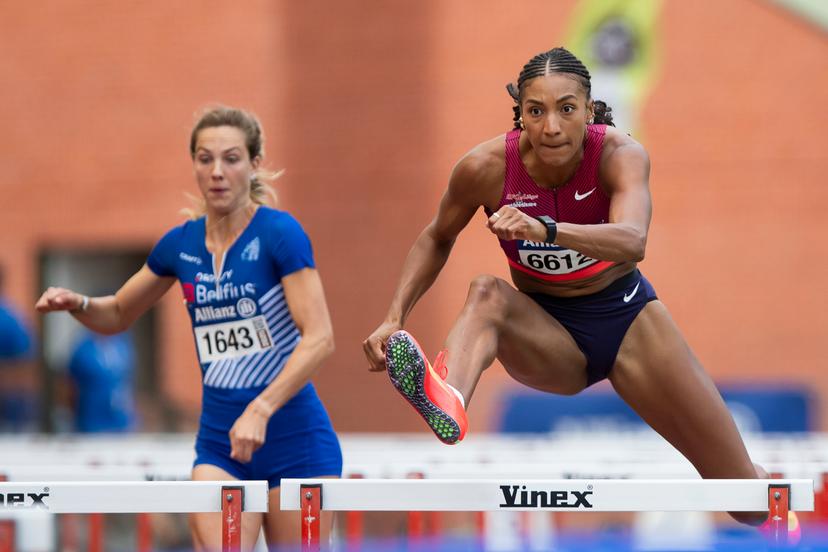 Belgian Nafissatou Nafi Thiam pictured in action during the women's 100m hurdles, at the Belgian athletics championships, Sunday 03 August 2025 in Brussels. The Belgian championships take place from 2-3 August, 2025. BELGA PHOTO KRISTOF VAN ACCOM