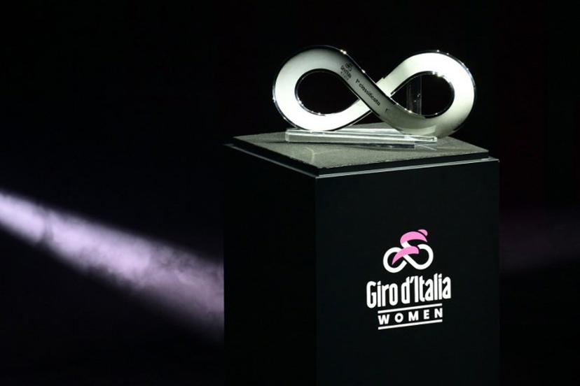 The "Trofeo Senza Fine" (Endless Trophy) is displayed during the presentation of the 2024 Giro d'Italia Donne (Women's Giro d'Italia) cycling race, at the Teatro Sociale, in Trento, Northern Italy, on October 13, 2023. The Giro d'Italia Donne will run from July 7 to July 14, 2024. MARCO BERTORELLO / AFP
