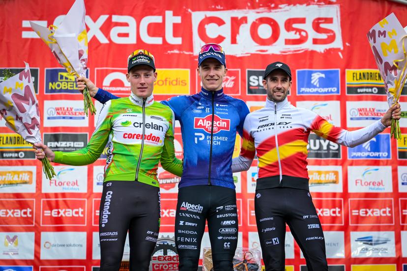 Belgian Joran Wyseure, Belgian Niels Vandeputte and Spanish Felipe Orts Lloret pictured on the podium after the men's elite race of the 'Parkcross' cyclocross cycling event, race 6/7 in the 'Exact Cross' competition, Wednesday 04 February 2026 in Maldegem. BELGA PHOTO DAVID PINTENS