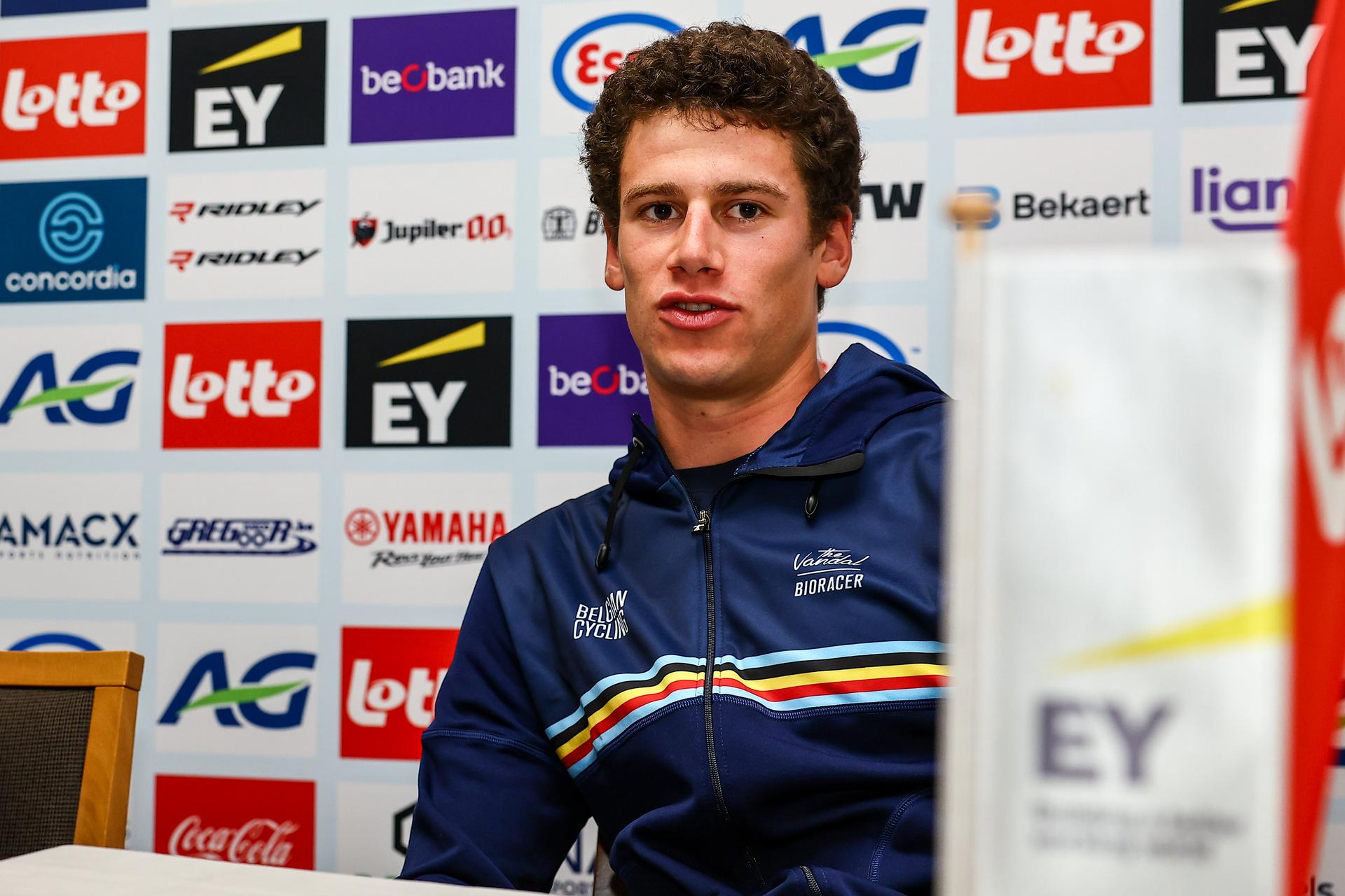 Belgian Alec Segaert pictured during a press conference ahead of the start of the UEC road European cycling championships, Tuesday 30 September 2025, in Loriol-sur-Drome, France. The European cycling championships take place from 1 to 5 October in Drome and Ardeche, France. BELGA PHOTO DAVID PINTENS
