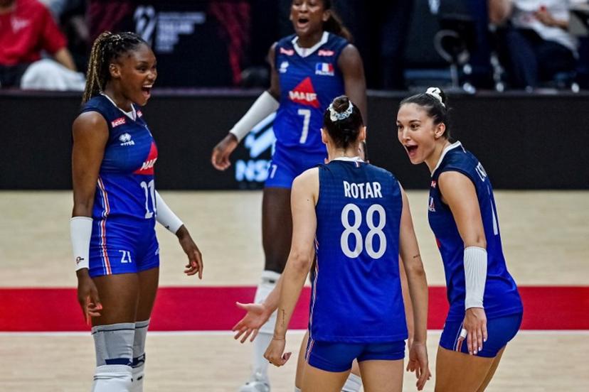 France's Iman Ndiaye (R), Amelie Rotar (2R), Eva Elouga (L) and Helena Cazaute (back 2L) celebrate a point during the 2025 Women's Volleyball World Championship round of 16 match between China and France at the Huamark Indoor Stadium in Bangkok on August 31, 2025.  Amaury PAUL / AFP