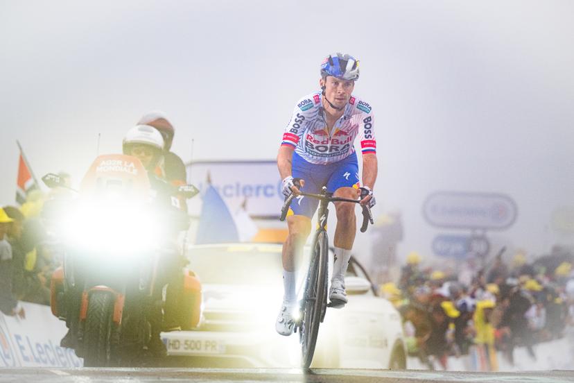 Slovenian Primoz Roglic of RedBull-BORA-hansgrohe crosses the finish line of stage 18 of the 2025 Tour de France cycling race, from Vif to Courchevel Col de la Loze, on Thursday 24 July 2025 in France. The 112th edition of the Tour de France starts on Saturday 5 July in Lille, France, and will finish in Paris, France on the 27th of July. BELGA PHOTO JASPER JACOBS