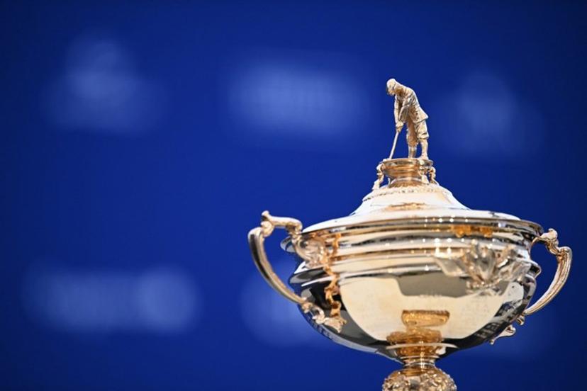 A picture shows the top of the trophy during a press conference ahead of the 44th Ryder Cup at the Marco Simone Golf and Country Club in Rome on September 25, 2023.   Paul ELLIS / AFP