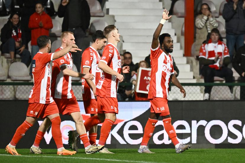 Kortrijk's Thierry Ambrose celebrates after scoring the 2-0 goal during a soccer game between KV Kortrijk and Patro Eisden Maasmechelen, Saturday 08 November 2025 in Kortrijk, on day 13 of the 2025-2026 'Challenger Pro League' 1B second division of the Belgian championship. BELGA PHOTO MAARTEN STRAETEMANS