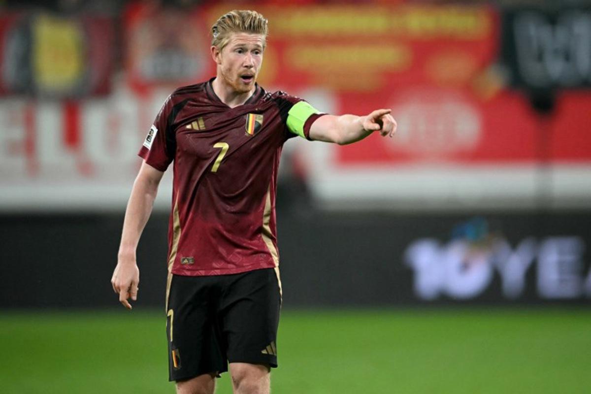 Belgium's midfielder #07 Kevin De Bruyne reacts during the FIFA World Cup 2026 Group J European qualification football match between Belgium and North Macedonia at the Planet Group Arena in Ghent, on October 10, 2025.  NICOLAS TUCAT / AFP