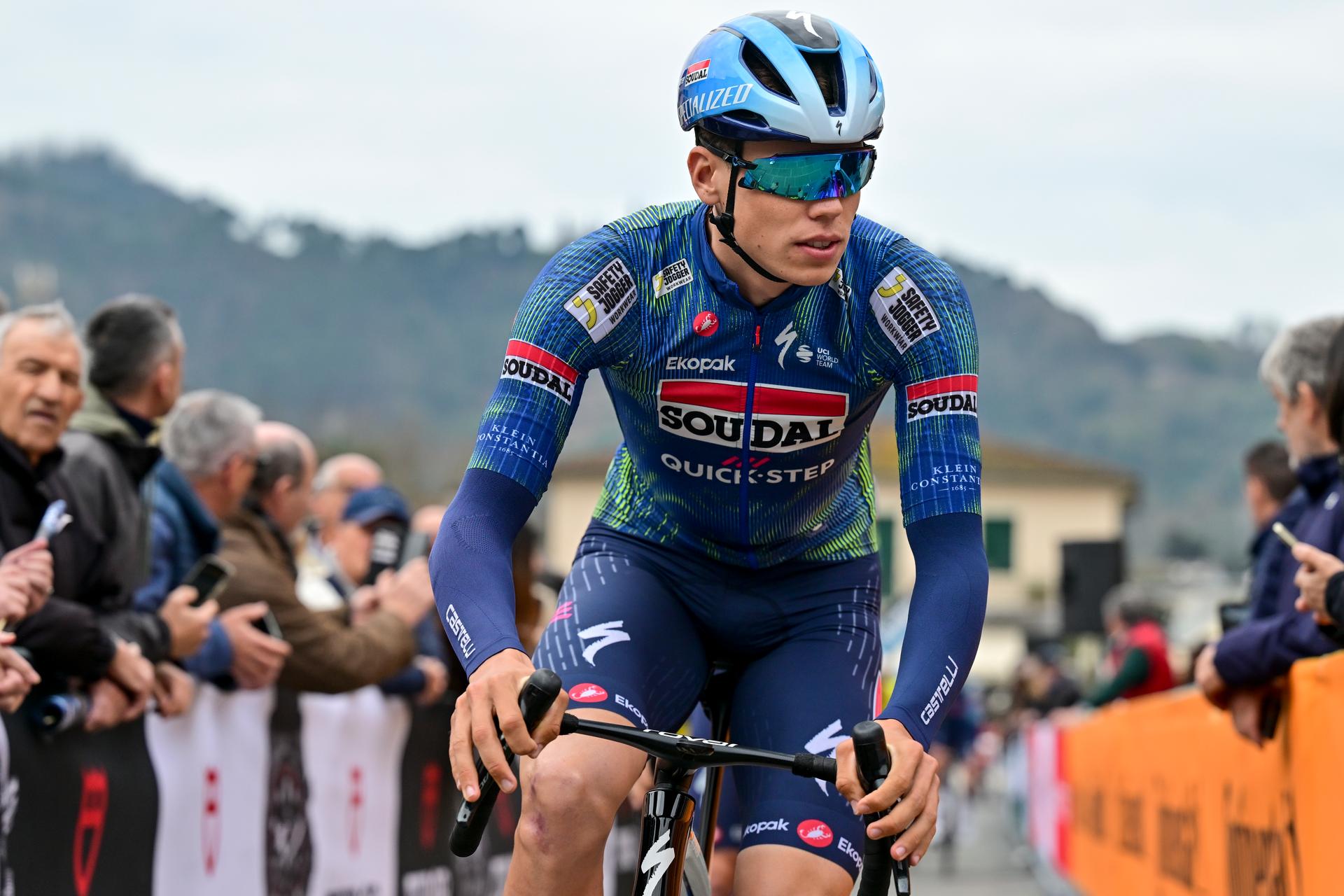 French Paul Magnier of Soudal Quick-Step pictured at the start of the second stage of the Tirreno-Adriatico cycling race, from Camaiore to San Gimignano (206 km), Italy, Tuesday 10 March 2026. BELGA PHOTO DIRK WAEM