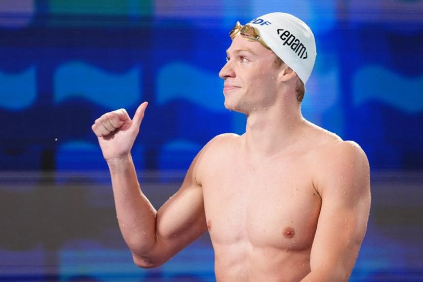 France's Leon Marchand reacts after winning the final of the men's 200m butterfly swimming event during the LEN European Aquatics Championships at the Olympic Aquatic Centre in Saint-Denis, northern suburbs of Paris, on August 15, 2026.  SEBASTIEN BOZON / AFP