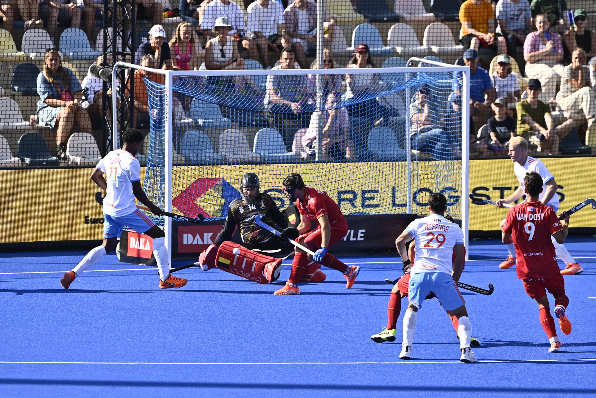 a hockey game between Belgian national team Red Lions and The Netherlands, match 2/3 in the pool stage of the 2025 men's European championships, Sunday 10 August 2025 in Monchengladbach, Germany.  BELGA PHOTO ERIC LALMAND
