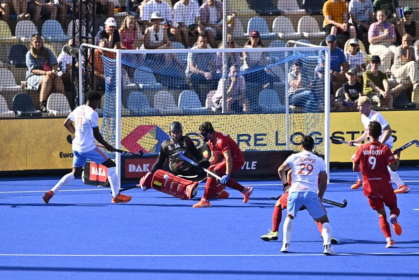 a hockey game between Belgian national team Red Lions and The Netherlands, match 2/3 in the pool stage of the 2025 men's European championships, Sunday 10 August 2025 in Monchengladbach, Germany.  BELGA PHOTO ERIC LALMAND
