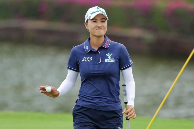 Australia's Minjee Lee reacts after a putt during the final round of the LPGA Blue Bay golf tournament at the Jian Lake Blue Bay Golf Club in Lingshui, on China's southern Hainan island on March 9, 2025.  STR / AFP