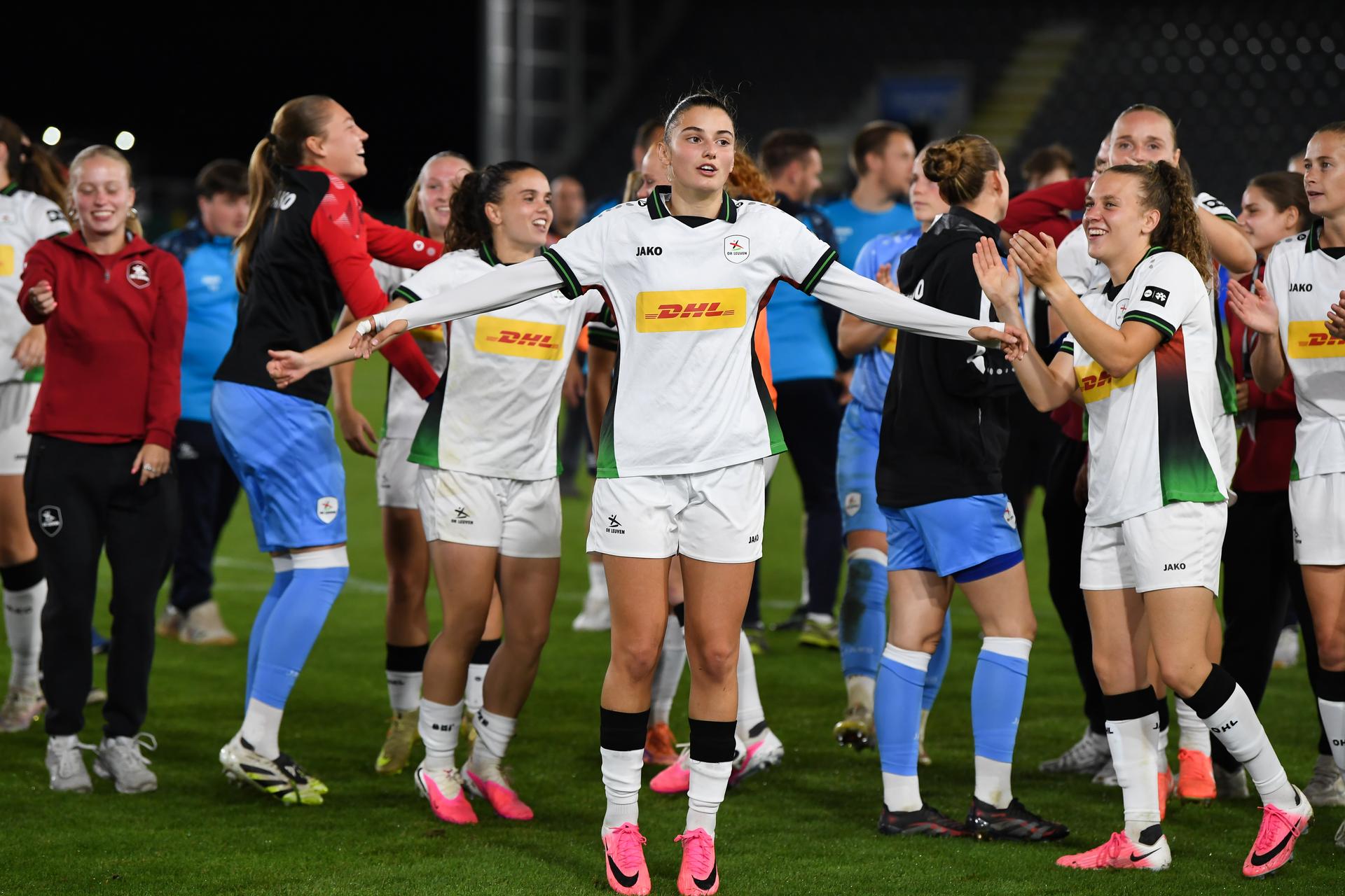 OHL's players celebrate after winning a game between Oud-Heverlee Leuven Women and Poland women team Czarni Sosnowiec,  Wednesday 2 September 2026 in Leuven, a return leg in the third round qualification game in the UEFA Women's Champions League. OHL Women won 1-4 the first leg. BELGA PHOTO JILL DELSAUX