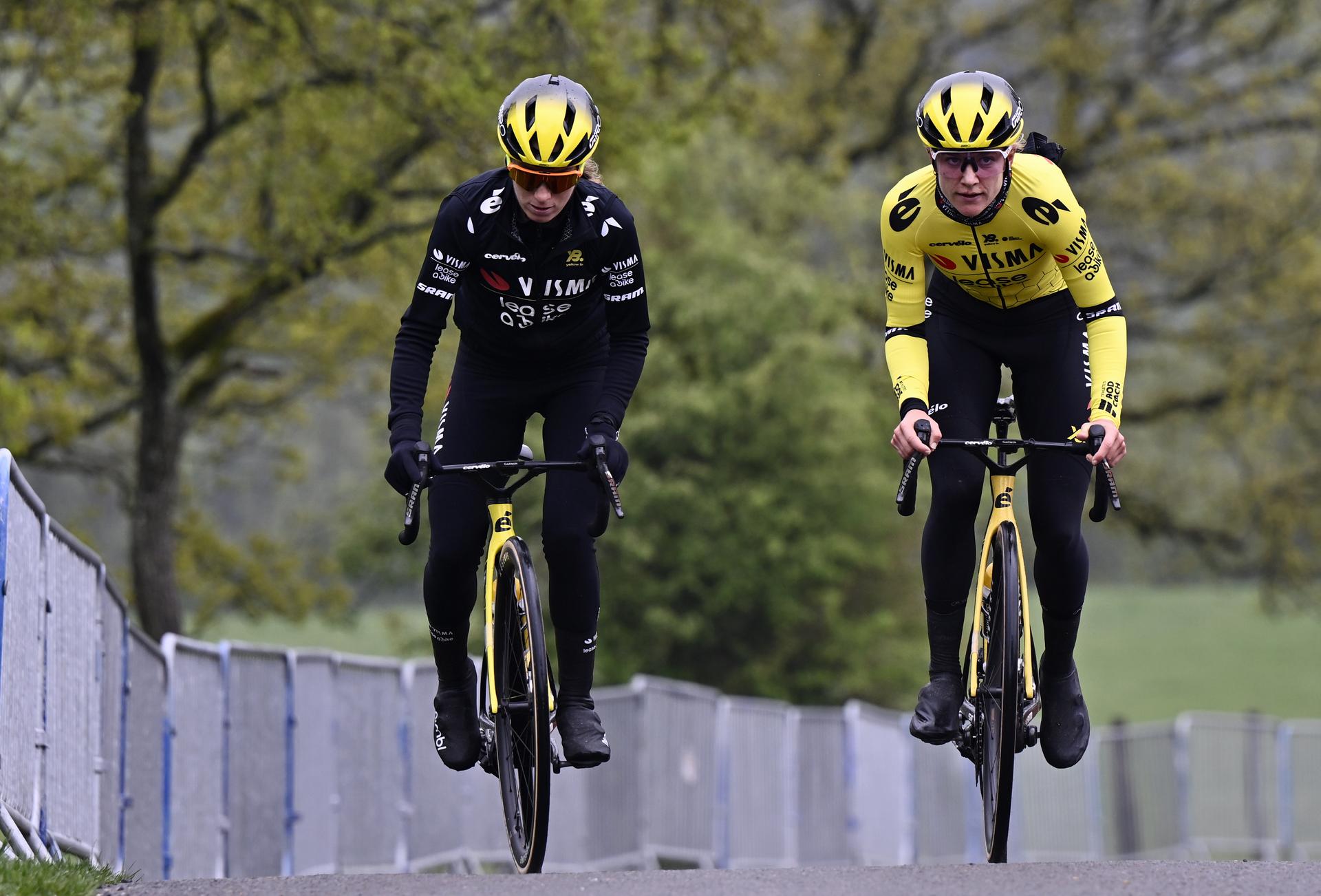 Slovak Viktoria Chladonova of Team Visma-Lease a Bike and Dutch Femke De Vries of Team Visma-Lease a Bike pictured in action during a training and track reconnaissance session, on the 'Cote de la Redoute', in Remouchamps, Aywaille, ahead of the Liege-Bastogne-Liege one day cycling race, Thursday 24 April 2025. BELGA PHOTO ERIC LALMAND