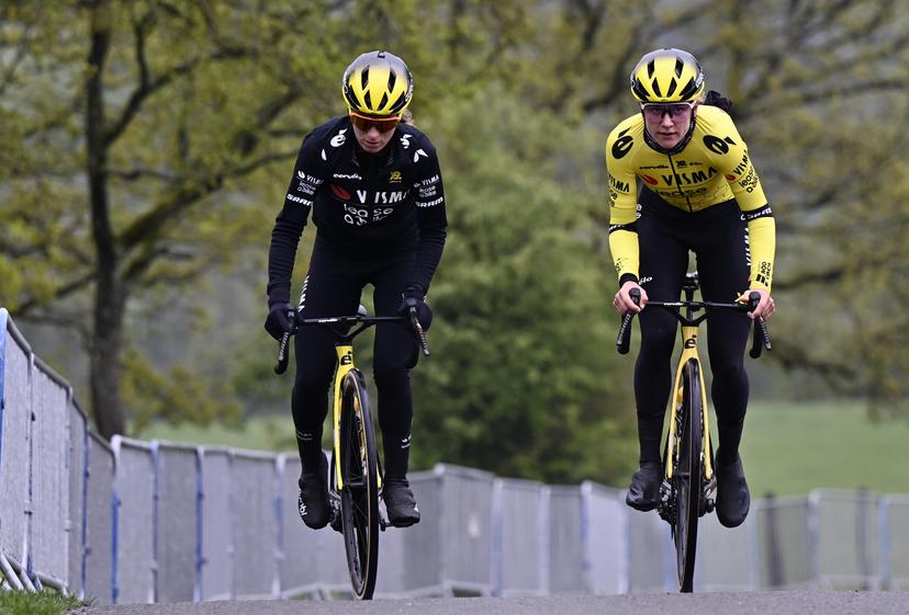 Slovak Viktoria Chladonova of Team Visma-Lease a Bike and Dutch Femke De Vries of Team Visma-Lease a Bike pictured in action during a training and track reconnaissance session, on the 'Cote de la Redoute', in Remouchamps, Aywaille, ahead of the Liege-Bastogne-Liege one day cycling race, Thursday 24 April 2025. BELGA PHOTO ERIC LALMAND