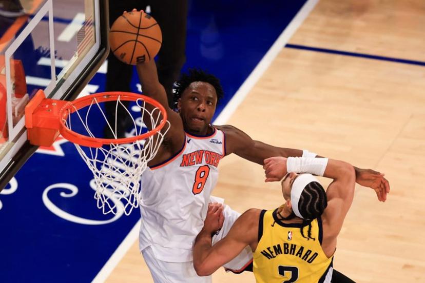 The Knicks' small forward #08 OG Anunoby tries to shoot past the Pacers' point guard #02 Andrew Nembhard during Game Five of the Eastern Conference Finals of the 2025 NBA Playoffs between the New York Knicks and the Indiana Pacers at Madison Square Garden in New York on May 29, 2025.  CHARLY TRIBALLEAU / AFP