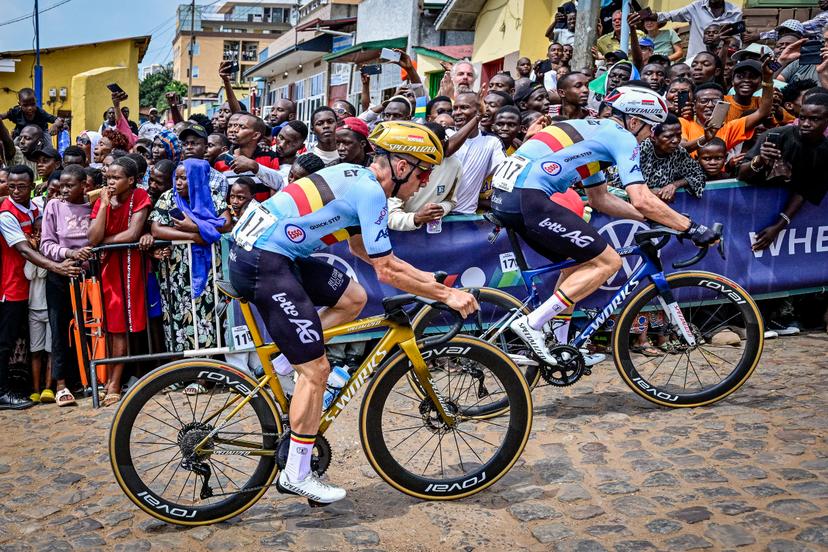 Belgian Remco Evenepoel and Belgian Louis Vervaeke pictured in action during the elite men road race (267,5 km) at the cycling road World Championships in Kigali, Rwanda, Sunday 28 September 2025. The 2025 UCI Road World Championships take place from 21 to 28 September in Kigali, Rwanda. BELGA PHOTO DIRK WAEM