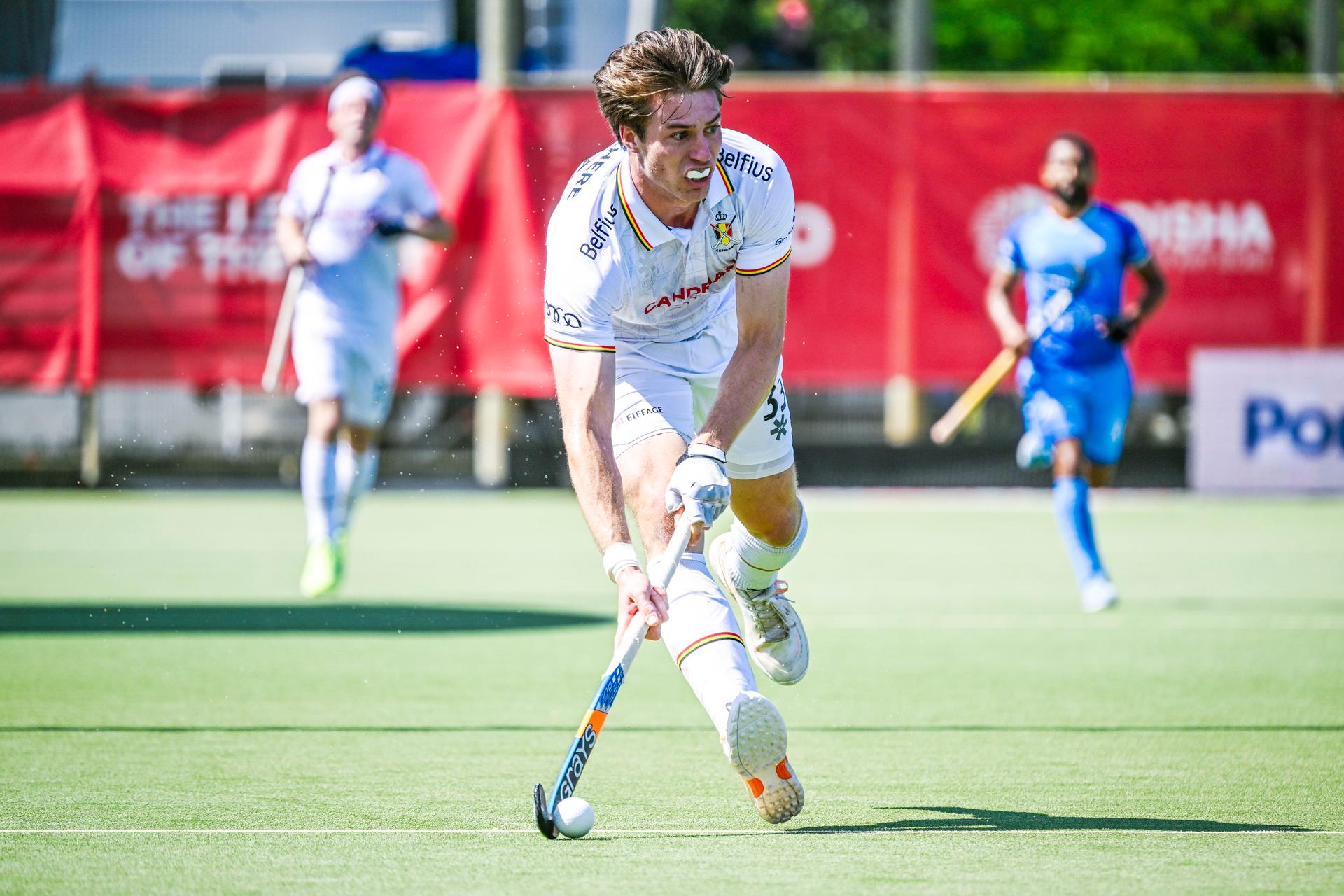 Belgium's Hugo Labouchere pictured in action during a hockey game between Belgian national team Red Lions and India, match 13/16 in the group stage of the 2025 Men's FIH Pro League, Saturday 21 June 2025 in Antwerp. BELGA PHOTO TOM GOYVAERTS