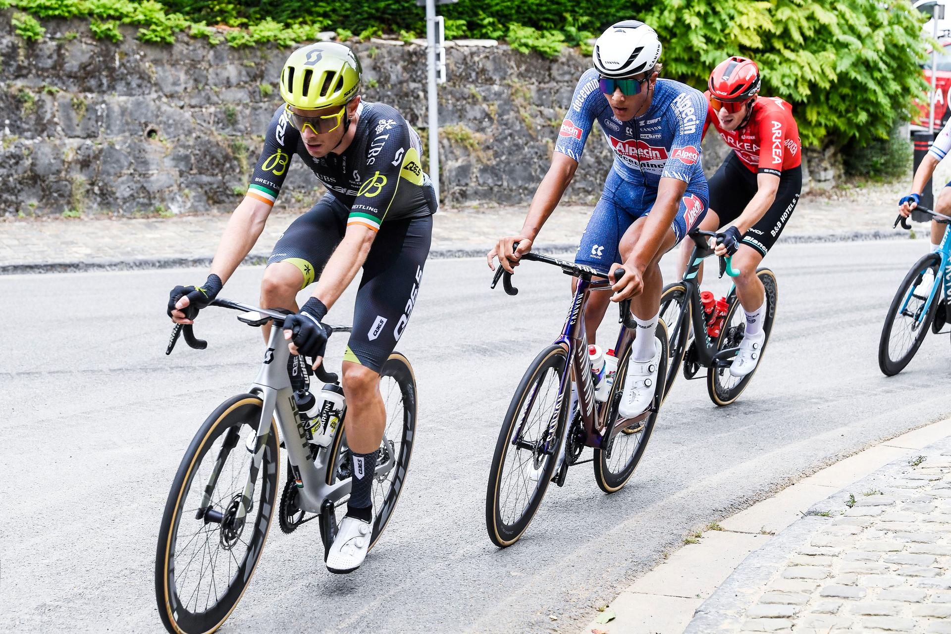 Irish Rory Townsend of Q36.5 Pro Cycling Team and Belgian Sente Sentjens of Alpecin-Deceuninck pictured in action during the 'Druivenkoers' one day cycling race, 206,3 km from and to Overijse, Friday 23 August 2024. BELGA PHOTO MARC GOYVAERTS