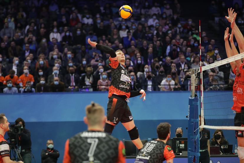 Aalst's Jakub Rybicki pictured during the match between Caruur Volley Gent and Lindemans Aalst, the final match in the men Belgian volleyball cup competition, Sunday 27 February 2022 in Merksem, Antwerp. BELGA PHOTO MARIJN DE KEYZER