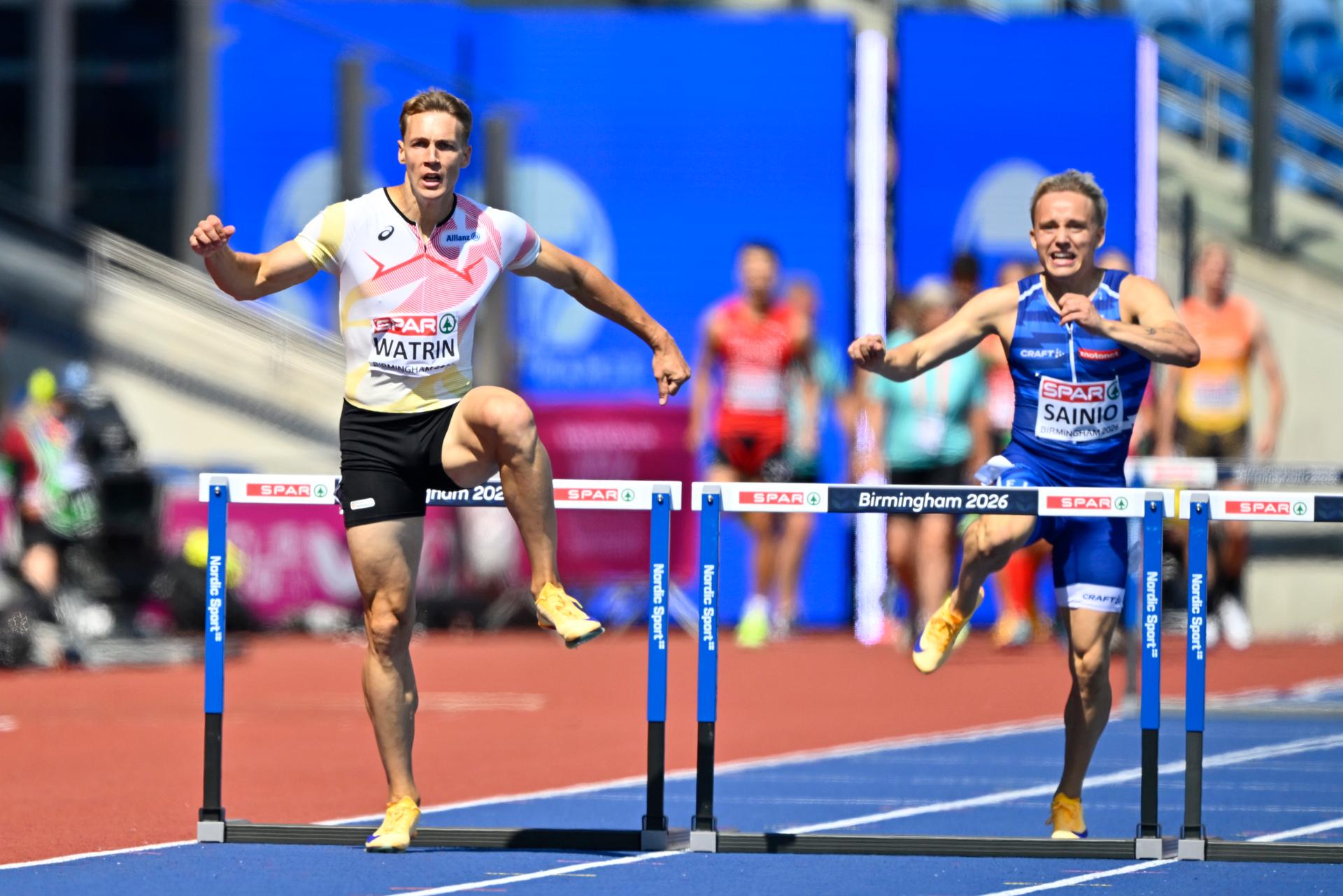 Belgian athlete Julien Watrin pictured in action during the  heats in the first round of the men's 400m hurdles race, at on the second day of the European Athletics Championships (August 10-18) in Birmingham, United Kingdom, on Tuesday 11 August 2026. BELGA PHOTO ERIC LALMAND