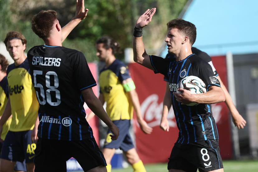Club's Christos Tzolis celebrates after scoring during a soccer match between Royale Union Saint-Gilloise and Club Brugge KV, Sunday 20 July 2025 in Brussels, the 'Super Cup' where the Champions of the Jupiler Pro League Brugge meets the winner of the Croky Cup Union. BELGA PHOTO BRUNO FAHY