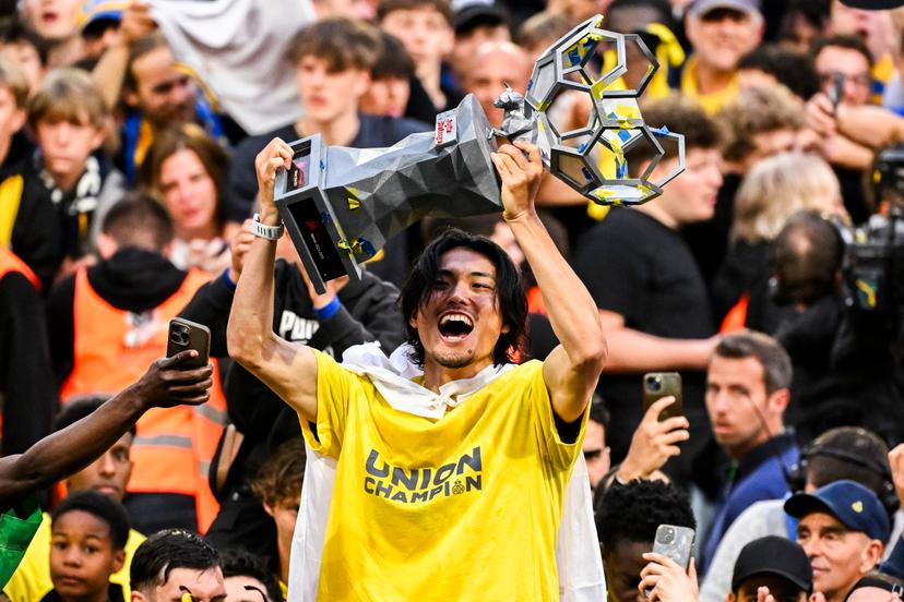 Union's Koki Machida pictured during the celebration of Royale Union Saint-Gilloise supporters and players, Sunday 25 May 2025 in Brussels, after winning the 2024-2025 'Jupiler Pro League' first division of the Belgian championship. Union defeated KAA Gent 3-1. BELGA PHOTO LAURIE DIEFFEMBACQ