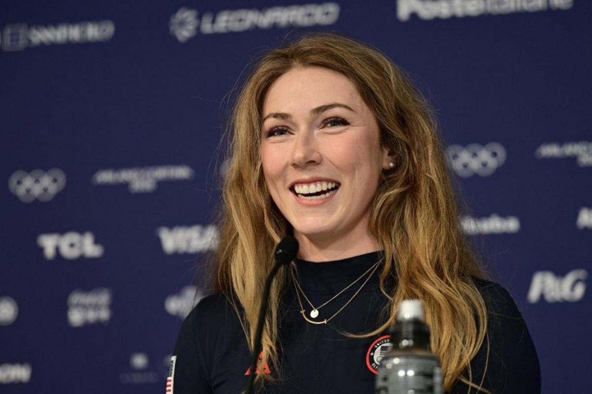 US' alpine skier Mikaela Shiffrin speaks during a press conference during the Milano Cortina 2026 Winter Olympic Games at the Cortina Curling Olympic Stadium in Cortina d'Ampezzo on February 7, 2026.  Stefano RELLANDINI / AFP