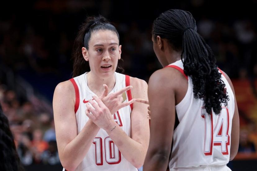 USA's power forward #10 Breanna Stewart (L) speaks with USA's forward #14 Aliyah Boston during the 2026 FIBA Women's Basketball World Cup quarter-final match between USA and Hungary at the Berlin Arena in Berlin on September 10, 2026.  Ronny HARTMANN / AFP