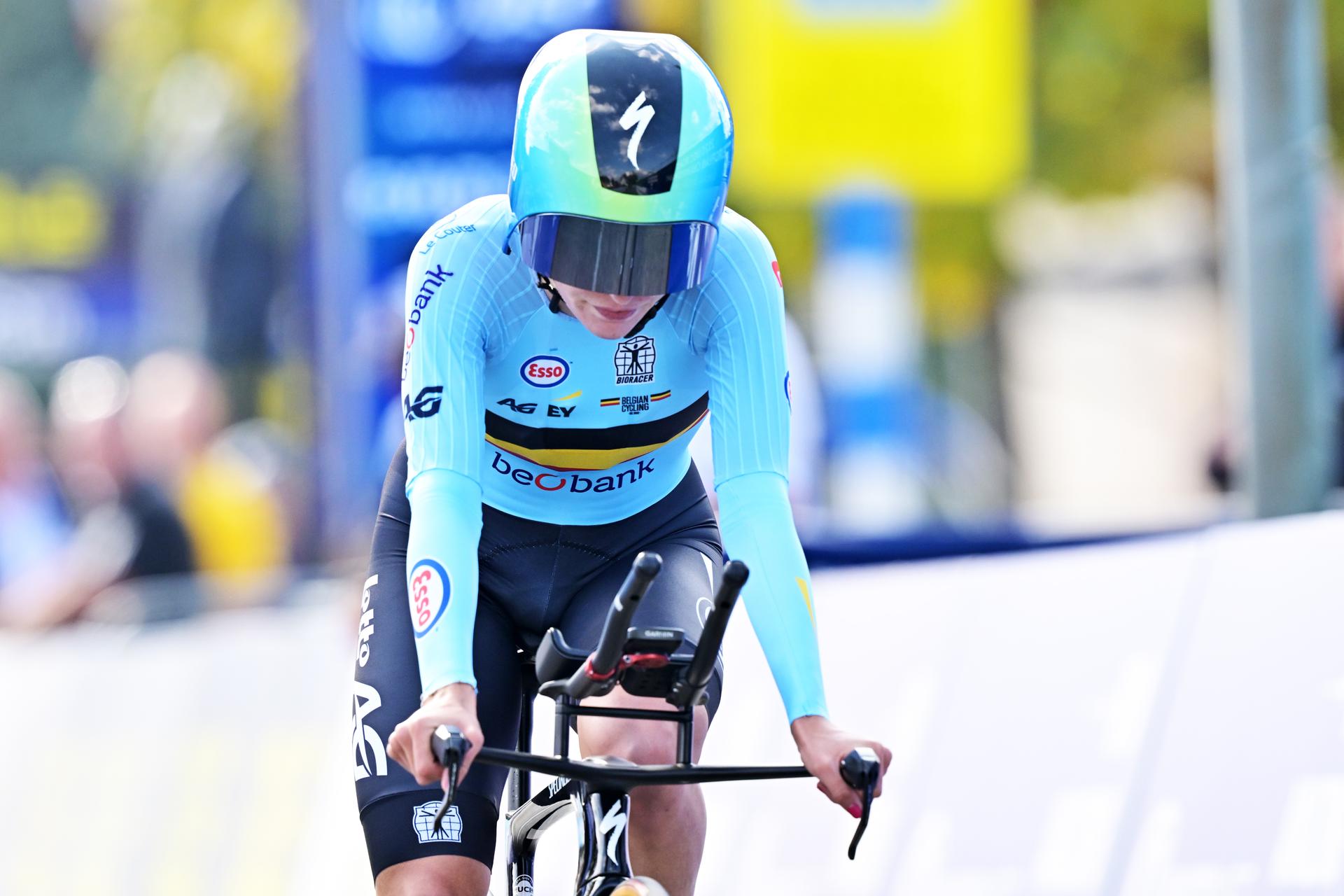 Belgium's Emma Siegers crosses the finish line of the Women U23 Individual Time Trial race (22km) at the cycling UEC Road European Championships, in Ljubljana, Slovenia, on Wednesday 7 October 2026. The UEC Road European Championships are taking place from 02 to 07 October in Ljubljana, Slovenia. BELGA PHOTO DAVID PINTENS
