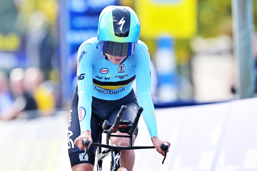 Belgium's Emma Siegers crosses the finish line of the Women U23 Individual Time Trial race (22km) at the cycling UEC Road European Championships, in Ljubljana, Slovenia, on Wednesday 7 October 2026. The UEC Road European Championships are taking place from 02 to 07 October in Ljubljana, Slovenia. BELGA PHOTO DAVID PINTENS