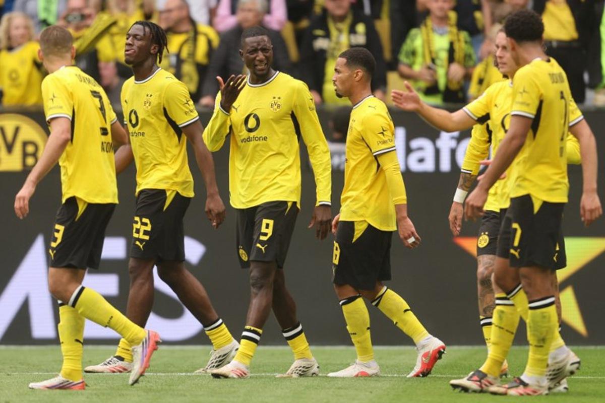 Dortmund's Guinean forward #09 Serhou Guirassy reacts after a goal is disallowed during the German first division Bundesliga football match between Borussia Dortmund and SC Paderborn in Dortmund on September 12, 2026.  Leon Kuegeler / AFP