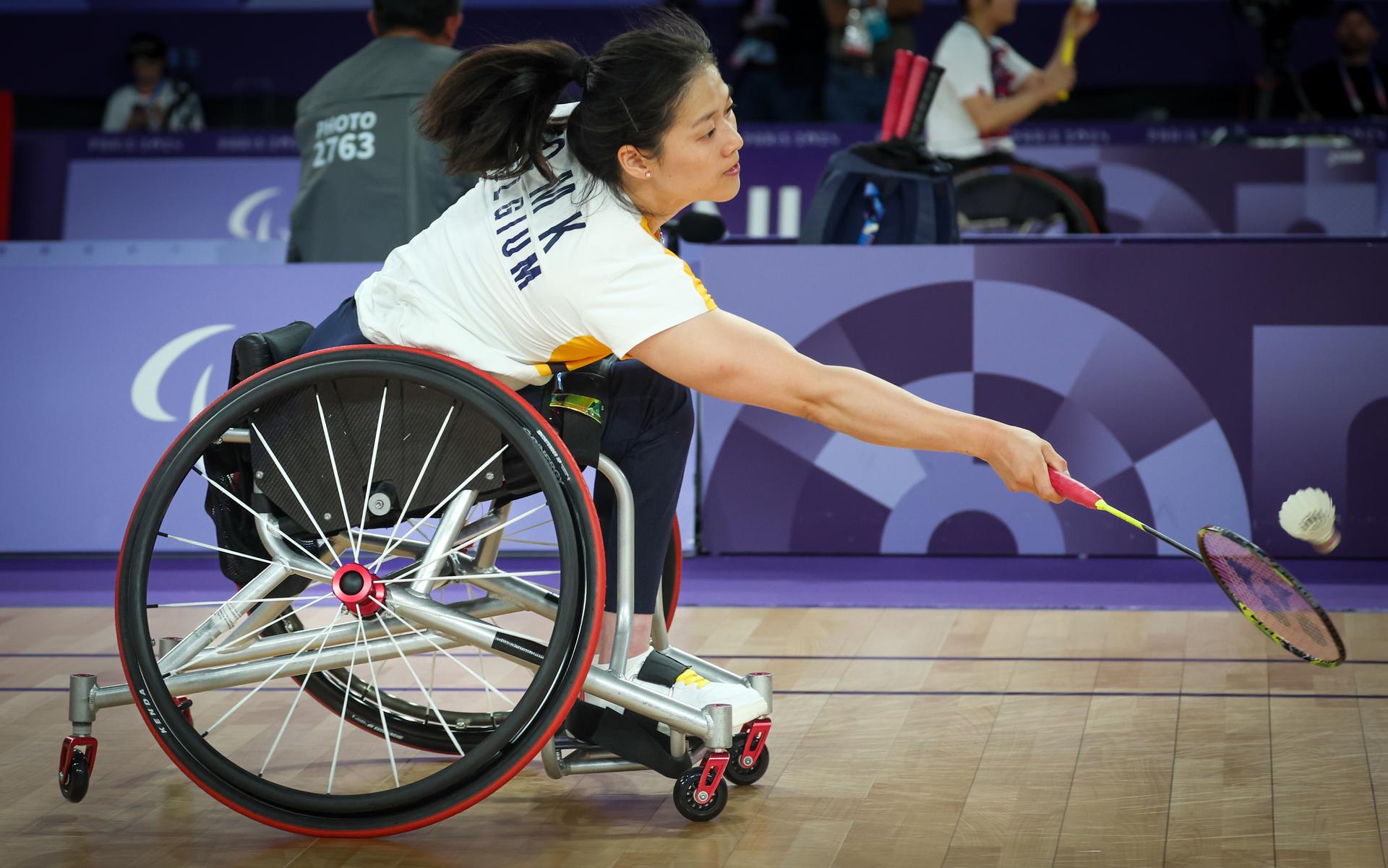 Belgian Man Kei To pictured in action during a quarter final game between Belgian To and Korean Kwon in the badminton single women competition in the category WH1, on day 4 of the 2024 Summer Paralympic Games in Paris, France on Saturday 31 August 2024. The 17th Paralympics are taking place from 28 August to 8 September 2024 in Paris. BELGA PHOTO VIRGINIE LEFOUR