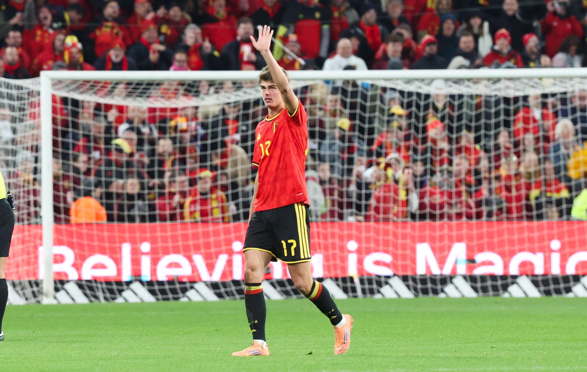 Belgium's Charles De Ketelaere celebrates after scoring during a soccer game between Belgium's Red Devils and Liechtenstein, the last FIFA World Cup 2026 qualification match, in Liege on Tuesday 18 November 2025. BELGA PHOTO VIRGINIE LEFOUR