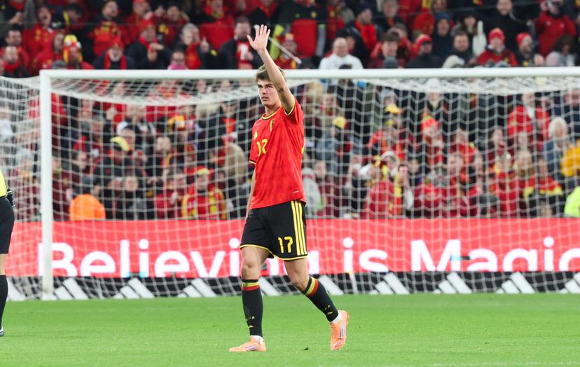 Belgium's Charles De Ketelaere celebrates after scoring during a soccer game between Belgium's Red Devils and Liechtenstein, the last FIFA World Cup 2026 qualification match, in Liege on Tuesday 18 November 2025. BELGA PHOTO VIRGINIE LEFOUR