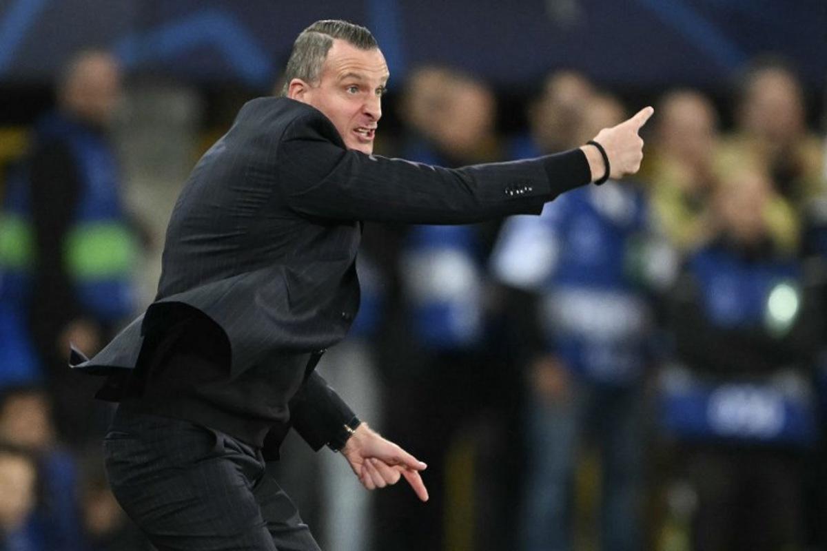 Club Brugge's Belgian coach Nicky Hayen reacts from the sidelines during the UEFA Champions League league phase day 4 football match between Club Brugge and FC Barcelona at Jan Breydelstadion stadium, in Bruges, on November 5, 2025.  NICOLAS TUCAT / AFP
