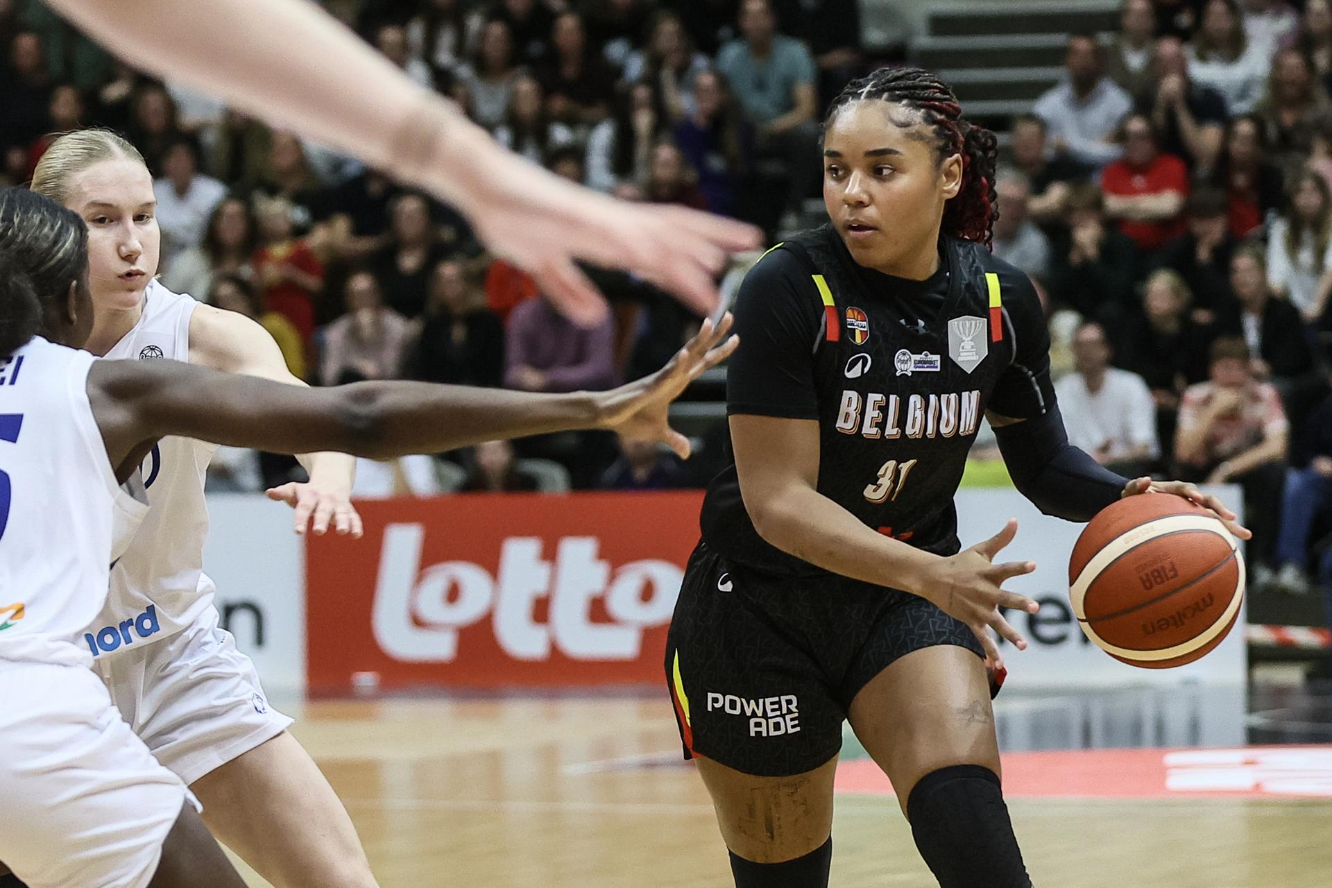 Belgium's Maxuella Lisowa Mbaka pictured in action during a basketball game between Belgian national team the Belgian Cats and Finland, Thursday 13 November 2025 in Leuven, a qualification game (1/6) for the 2027 Eurobasket tournament. BELGA PHOTO BRUNO FAHY