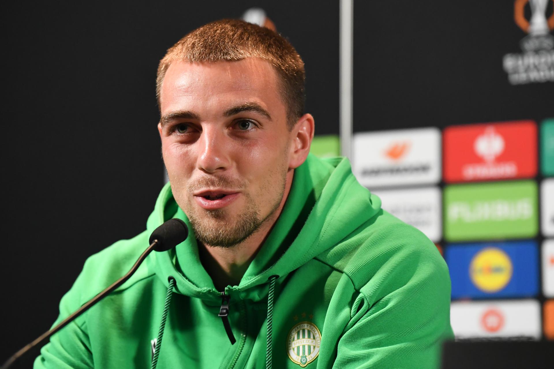 Ferencvaros' Toon Raemaekers pictured during a press conference of Hungarian soccer team Ferencvarosi TC, on Wednesday 01 October 2025, in Genk. The team will play Belgians KRC Genk on Thursday, the second game (out of 8) in the league phase of the UEFA Europa League competition. BELGA PHOTO JILL DELSAUX