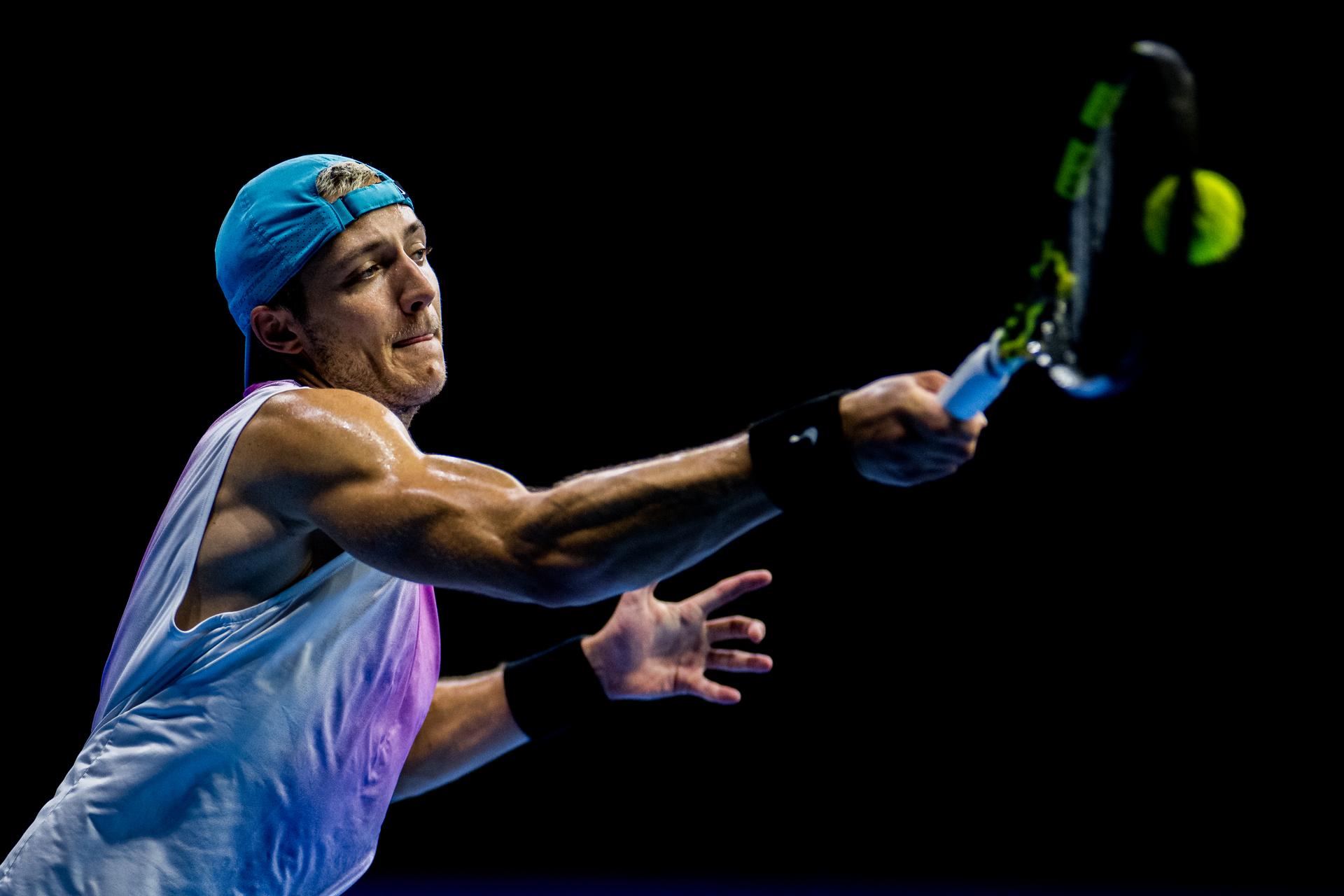 Belgian Tibo Colson pictured in action during the European Open ATP tennis tournament in Brussels, on Monday 13 October 2025. This year's edition of the tournament is taking place from 12 to 19 October 2025. BELGA PHOTO JASPER JACOBS