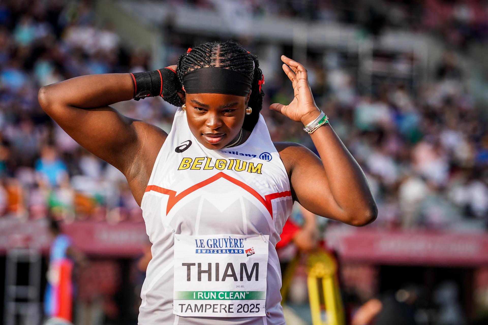 Belgian Nafy Thiam pictured during the Shot Put competition of the European Athletics U20 Championships, in Tampere, Finland, Saturday 09 August 2025. The European U20 championships take place from 07 to 10 August.  BELGA PHOTO COEN SCHILDERMAN
