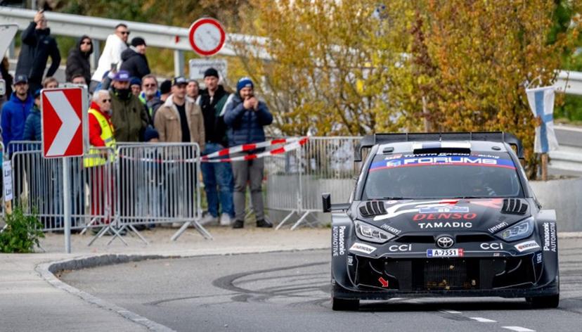 Finnish driver Kalle Rovanpera and co-driver Jonne Halttunen with their Toyota GR Yaris Rally1 car arrive at the finish as they win the overall Central European Rally at the end of the SS18 Muehltal stage in the village of Peilstein near Rohrbach, Upper Austria on October 19, 2025.  Joe Klamar / AFP