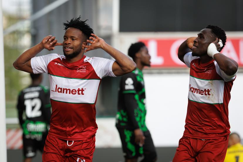 Essevee's Mbaye Malick celebrates after scoring during a soccer match between SV Zulte Waregem and Cercle Brugge, Saturday 04 April 2026 in Waregem, on the first day of the Relegation Play-offs of the 2025-2026 'Jupiler Pro League' first division of the Belgian championship. BELGA PHOTO KURT DESPLENTER